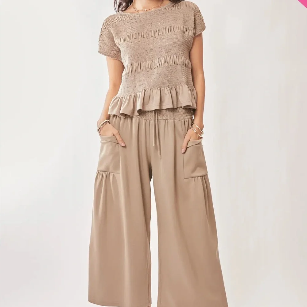 Bluivy Beige Wide-Leg Smocked Waist Pants - Picture 1 of 6